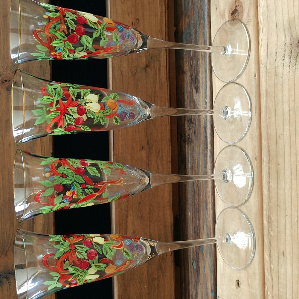 4 VTG Romanian handpainted champagne  bell flutes